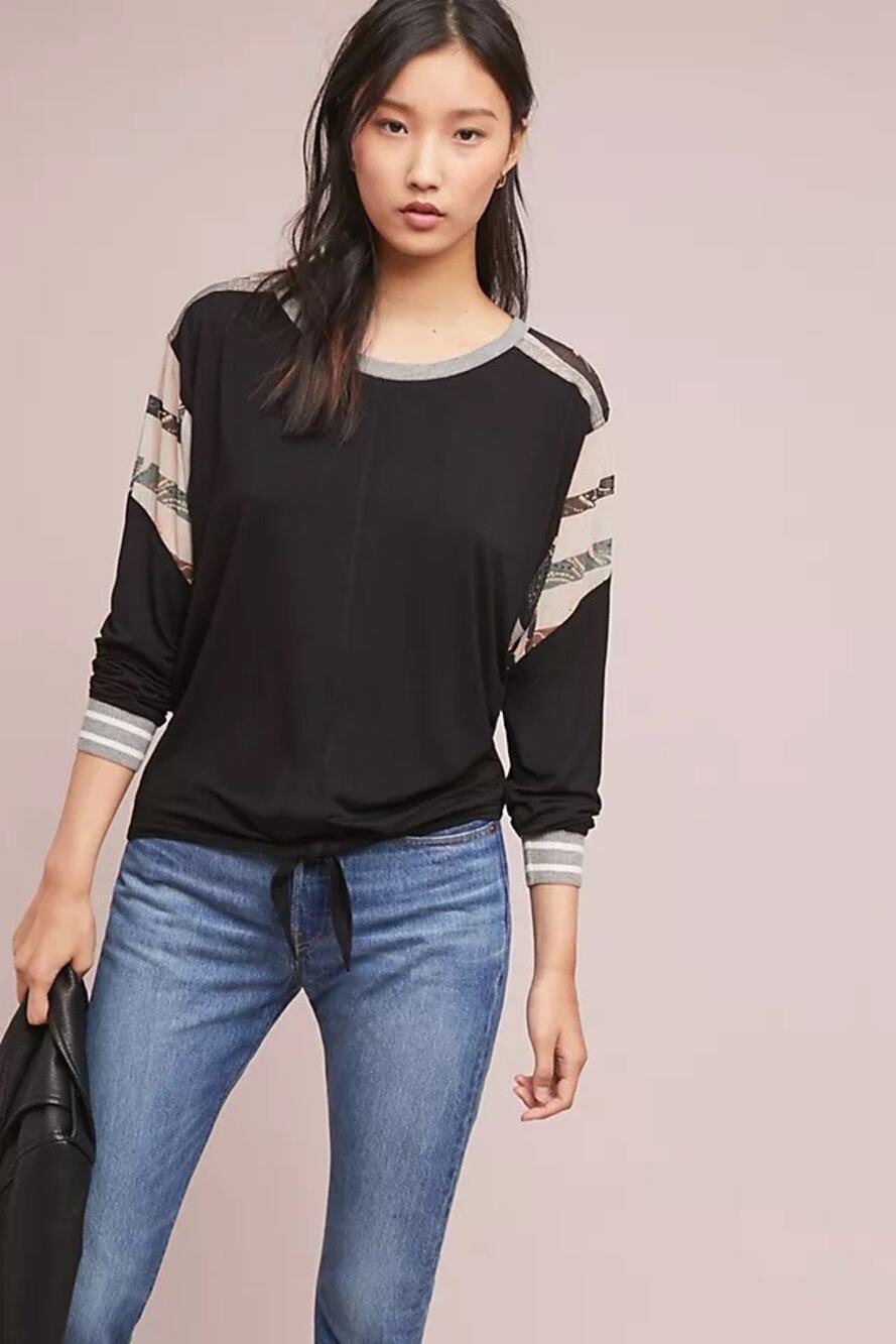Anthropologie TINY Black Mixed Media Longsleeve Classic Blouse Size Large